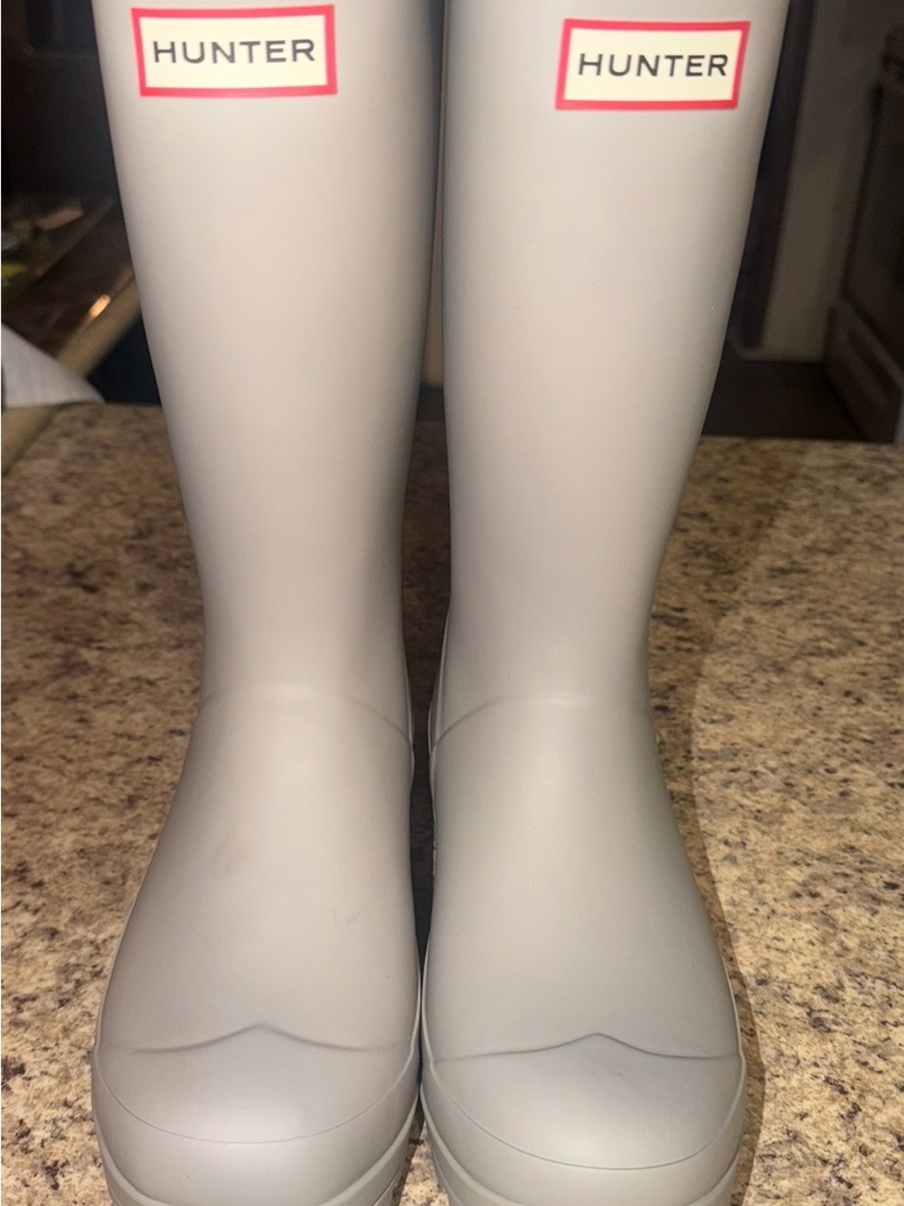 Hunter Matte Light Gray Knee-High Rain Boots with Red Logo Trim